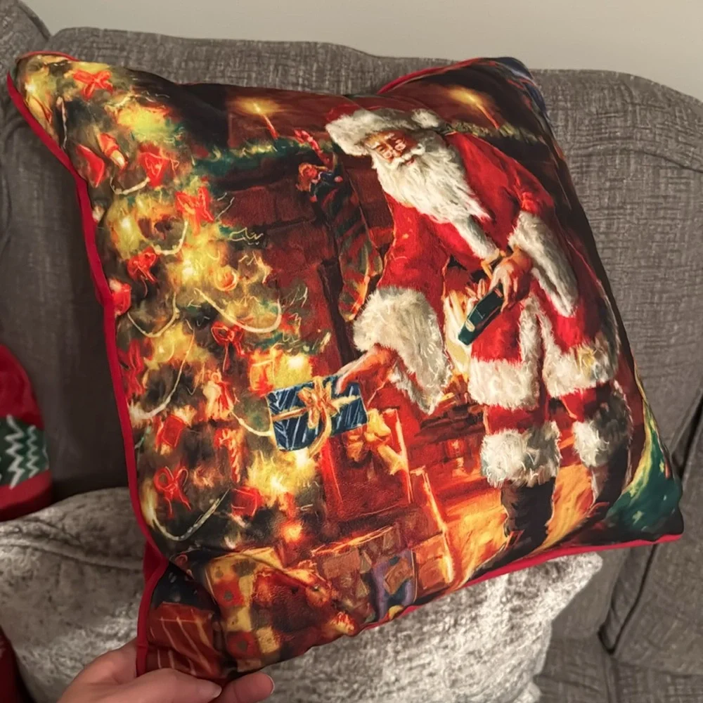 Santa Claus Gifts Under Tree Christmas Holiday Throw 16x16” Pillow Home Decor